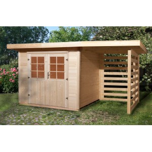 Casetta da giardino in legno OBI Outdoor Living La Spezia con tetto piatto ed estensione, non trattata.