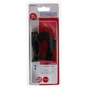Adaptateur audio Schwaiger HQ Stéréo, 5m, noir. Jack vers 2x RCA pour transmission audio.