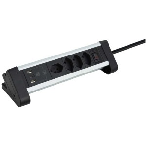 Bloc multiprise de table noir avec 4 prises T13, 2 USB-A et 1 port USB-C.