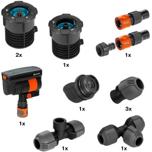 Gardena Start-Set Pipeline avec arroseur oscillant : Boîtier de raccordement, prises d'eau, arroseur et accessoires pour l'irrigation.