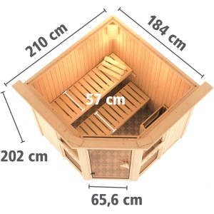 Karibu Sauna Anina 1 con forno bio, vista dall'alto: sauna a elementi in abete rosso con dimensioni e due panche.