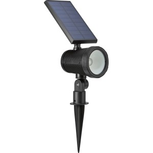 Spot solaire LED noir avec piquet pour jardin et terrasse.