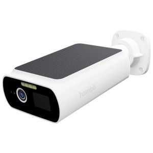 Hombli Solar Cam 2K, weiße Überwachungskamera mit Solarpanel für lange Betriebsdauer.