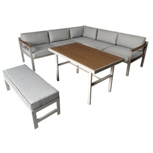 Set lounge Greemotion Miami grigio, 5 pezzi: struttura in acciaio, cuscini tortora-grigio chiaro, tavolo effetto legno. Set mobili da giardino per patio.
