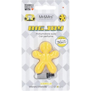 Big Joy Lufterfrischer Vanilla für Auto, gelbe Duftfigur im Rennfahrer-Design.