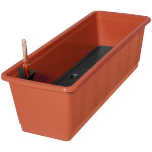 Jardinière en terracotta avec système d'arrosage et indicateur de niveau d'eau.