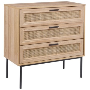 Commode Beliani Pasco, marron, avec trois tiroirs en rotin et pieds en métal noir.