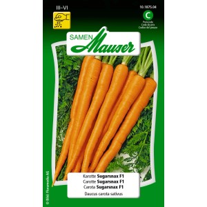 Samenpackung Karotte Sugarsnax F1: Süße, orangefarbene Karotten auf grünem Laub.