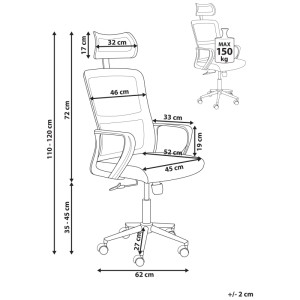 Dessin coté du fauteuil de bureau Beliani Monarch. Chaise pivotante avec dossier en maille, appuie-tête, accoudoirs, roulettes, dimensions. Max 150 kg.