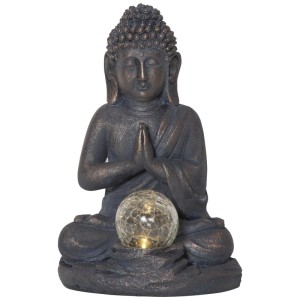 Graue Solar-Deko-Figur Buddha 27 cm mit Crackle-Glaskugel für Garten & Terrasse.