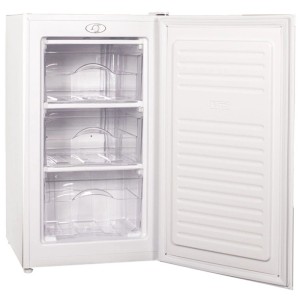 Congélateur vertical Kibernetik ECOTK64 blanc, porte ouverte, avec 3 tiroirs transparents. Capacité 64 l.