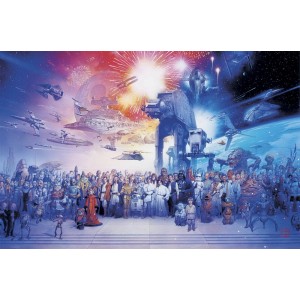 Maxiposter Star Wars mit allen Charakteren, Raumschiffen und dem Todesstern im Hintergrund.