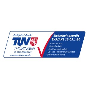 TÜV Thüringen Zertifikat für Vitavia Gewächshaus: Sicherheit, Belastbarkeit, UV- und Temperaturbeständigkeit.