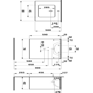 Disegno tecnico del set lavabo Laufen Pro S, bianco opaco, 60 cm, con dimensioni.