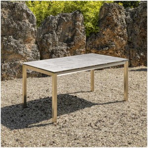 Grauer Gartentisch Sydney mit Edelstahlgestell und Steinoptik-Tischplatte.