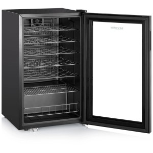 Offener Severin Weinkühlschrank WKS 8908 in Schwarz mit Metallrosten und Glastür.