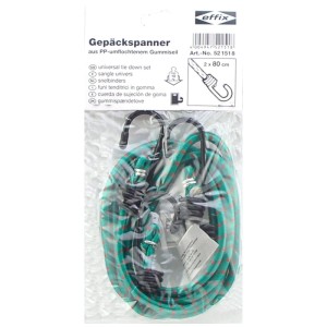 Zwei grüne Gepäckspanner mit schwarzen Stahlhaken, 80 cm, in Folienverpackung. Für sicheren Transport.