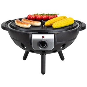 Nouvel Grill elettrico Globe, nero, con salsicce, mais e pomodori sulla griglia.