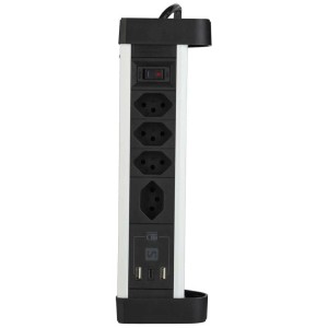 Bloc multiprise de table noir avec 4 prises T13, 2 USB-A et 1 port USB-C.
