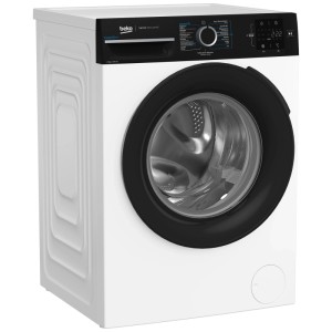 Lave-linge frontal Beko WM229 blanc avec porte noire, capacité 9 kg et écran d'affichage.