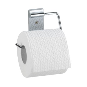 Porta carta igienica Wenko Basic in acciaio inox con rotolo di carta igienica.