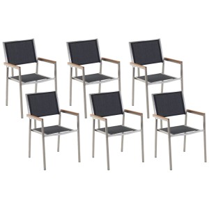 Set di sedie da giardino Beliani Grosseto, 6 sedie con struttura in acciaio inox e sedute nere.