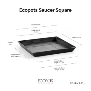 Sottovaso quadrato Ecopots grigio scuro, 28 cm, per interni ed esterni.
