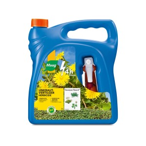 Maag Deserpan Rasant Total erbicida 3l in tanica blu con denti di leone gialli.