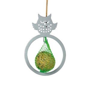 Meisenknödelhalter Eule: Metallring mit Eulen-Motiv und Jutekordel für Vogelfutter.