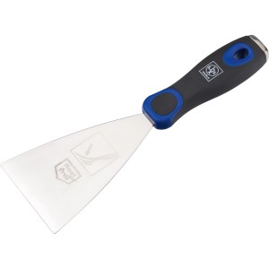 Spatule universelle flexible LUX, largeur 8 cm, avec manche bleu et noir et lame en acier inoxydable.