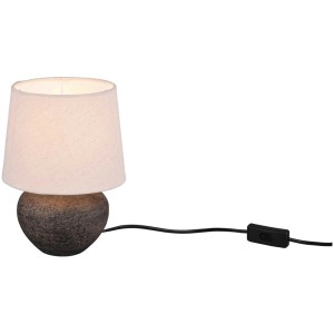 Beige-braune Tischleuchte Lou, Ø 18 cm, Höhe 25 cm, mit Stoffschirm und Keramikfuß.