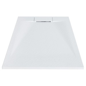 Receveur de douche blanc en SMC aspect pierre, design plat, surface texturée et bonde linéaire.