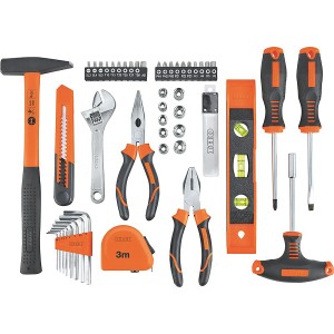 Set d'outils OBI Basic, 57 pièces avec marteau, pinces, tournevis, embouts et autres accessoires.