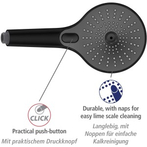 Pommeau de douche Wenko Ultimate Shower, noir/gris, Ø 13 cm, avec différents jets et picots anticalcaire.