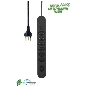 Schwarze Schönenberger Steckdosenleiste Relife mit 7 T13-Steckdosen und 1,8 m Kabel.