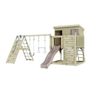 Tour de jeu PolarPlay Aksel rose ancien avec balançoire, toboggan et mur d'escalade.