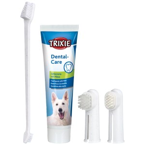 Set per l'igiene dentale Trixie per cani: spazzolini (dito, doppio) e dentifricio alla menta.