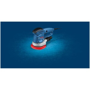 Ponceuse excentrique Bosch Professional GEX 34-150 avec plateau de ponçage rouge sur fond bleu.