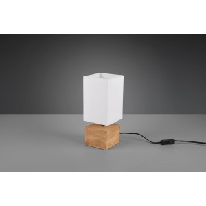 Moderna lampada da tavolo Woody con base in legno e paralume in tessuto bianco, 30x12x12 cm.