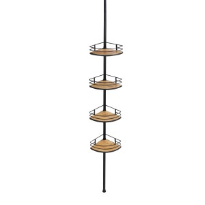 Étagère d'angle télescopique WENKO Dolcedo avec 4 tablettes en bambou et structure en acier inoxydable.