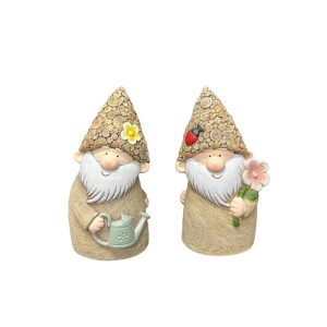Zwei Gartenfiguren: Zwerge aus Polyresin, 27,2 cm hoch, einer mit Gießkanne, einer mit Blume. Gartendekoration.