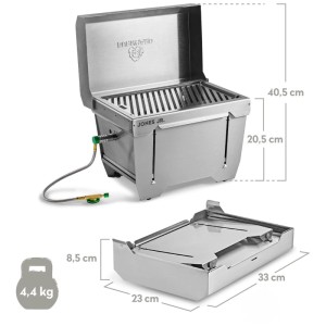 Grill de camping Burnhard Jones Jr., acier inoxydable, avec couvercle ouvert et dimensions d'emballage. Barbecue à gaz avec accessoires.