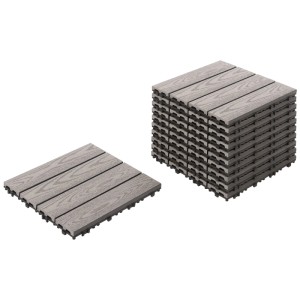 Dalles de terrasse WPC grises 30x30 cm aspect bois, une seule et un empilement. Dalles clipsables pour balcon et jardin.