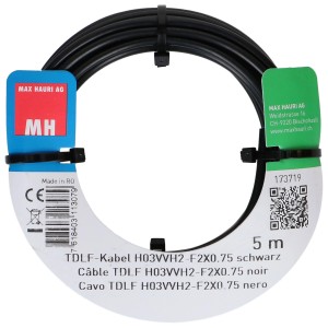 Câble noir TDLF H03VVH2-F, 2 x 0,75 mm², 5 m, pour appareils électriques légers.