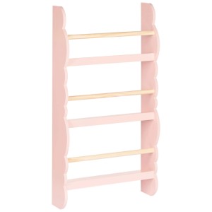 Étagère murale enfant Rigolet rose pastel en pin avec 3 étagères et côtés ondulés.