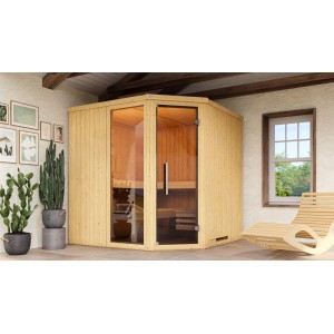 Sauna d'angle Weka Varberg avec porte et fenêtre en verre, bois d'épicéa, poêle 9 kW en kit.
