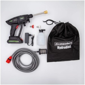 Nettoyeur haute pression sans fil HydroBlast 2en1 avec pistolet, batterie, buses, tuyau et accessoires.