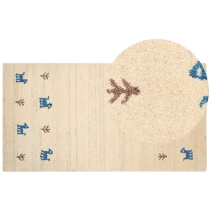 Tapis Gabbeh Yali, beige clair, 80x150 cm, avec motifs d'animaux et de plantes. Tapis en laine à poils longs.