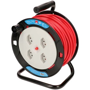 Enrouleur de câble avec 4 prises Type13, câble de 20 m, protection thermique et cadre en métal.