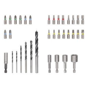 Set Bosch Pro Wood da 35 pezzi con inserti per avvitatura e punte per legno, include punte e bussole.
